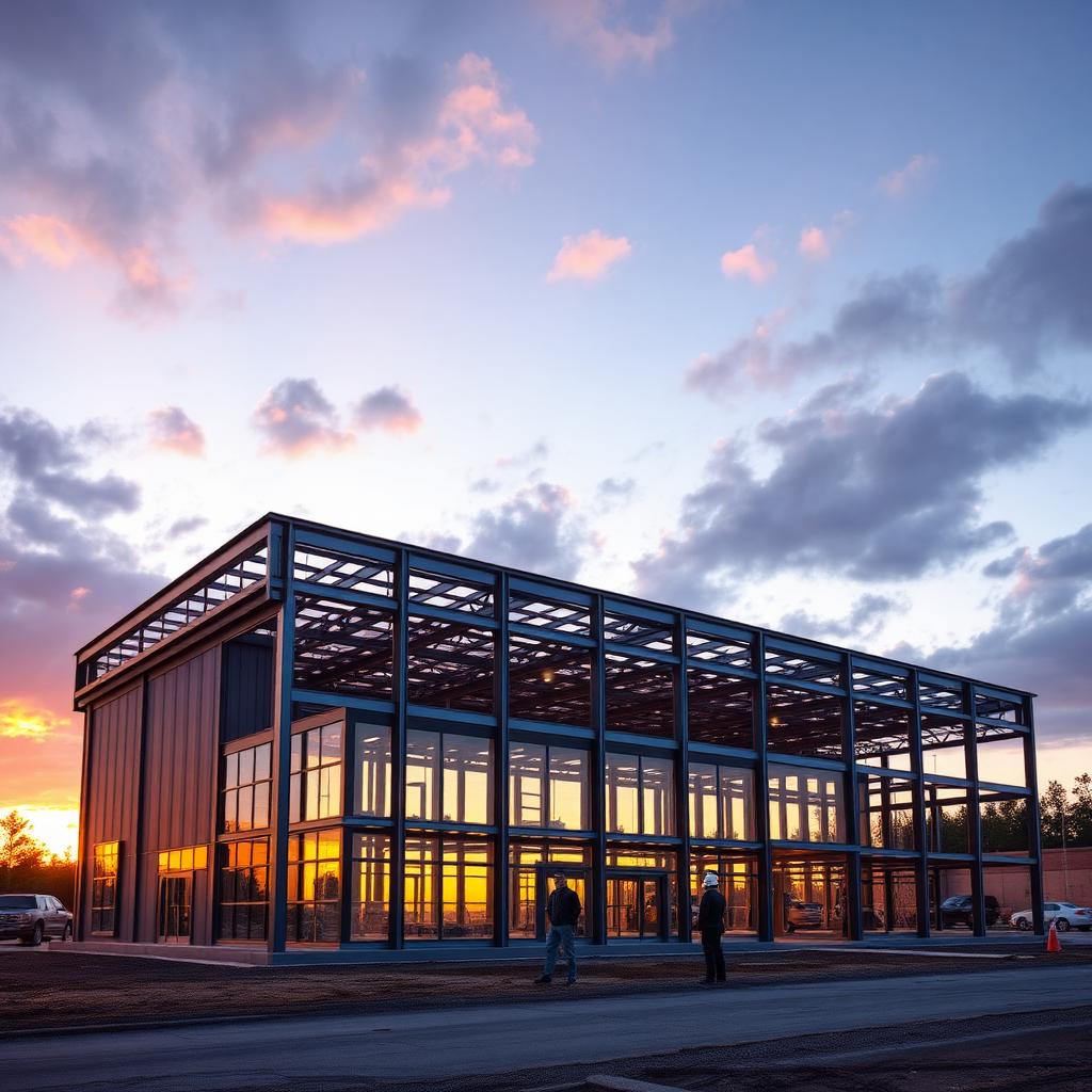 Completed structural steel frame of a Phoenix, AZ commercial building at sunset with project team on site