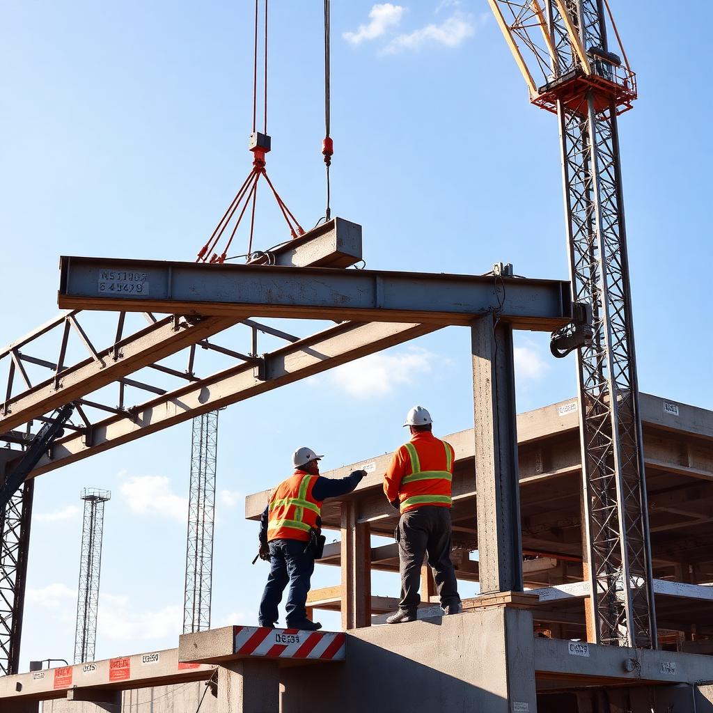 Ironworkers erecting a structural steel beam with a tower crane on a Phoenix, AZ commercial jobsite