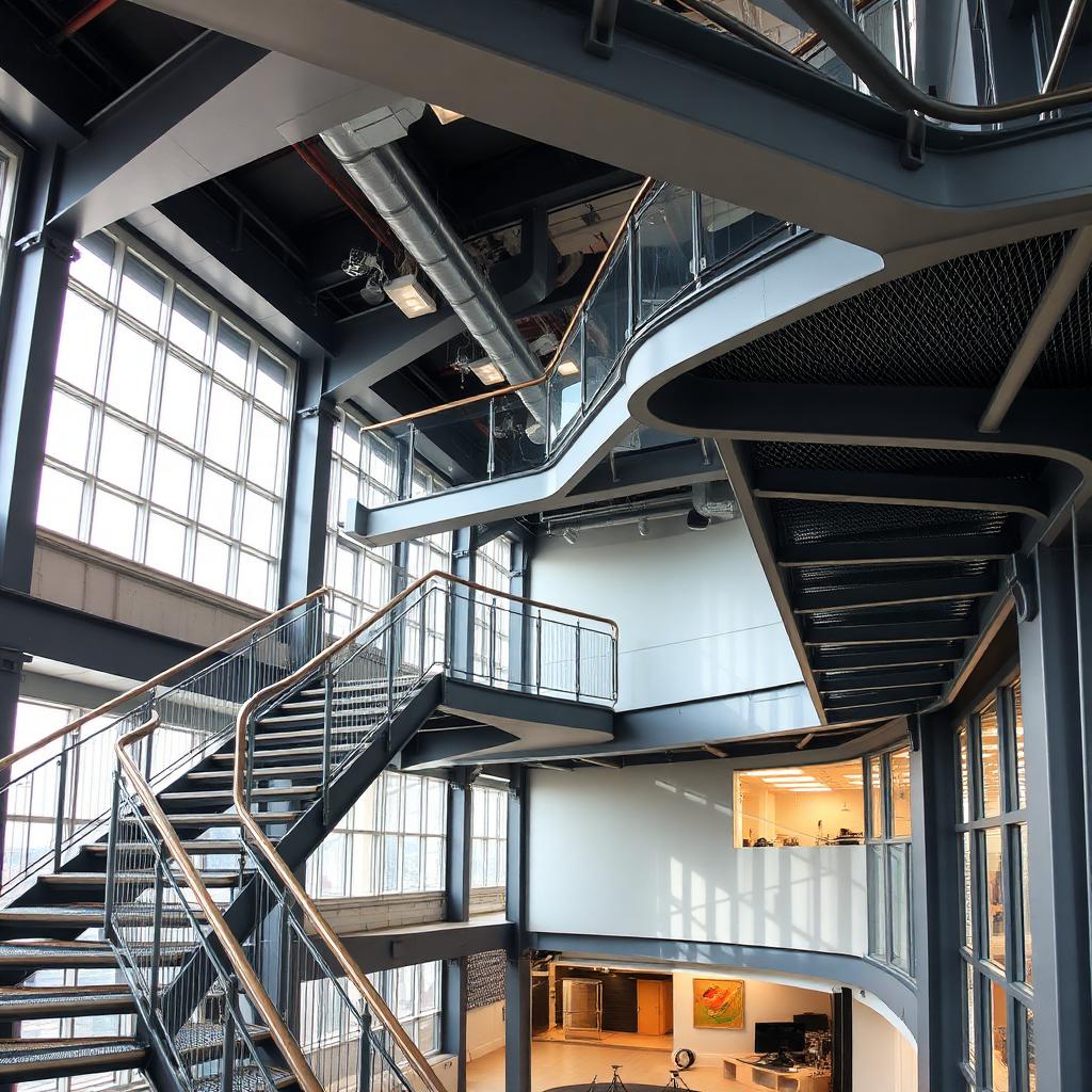 Modern architectural steel staircase and exposed structural design in a Phoenix, AZ commercial building