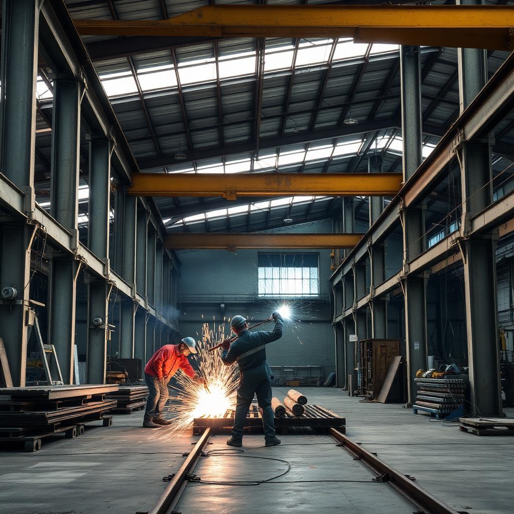 Holly Steel welders fabricating structural steel inside the Phoenix, AZ shop with sparks flying
