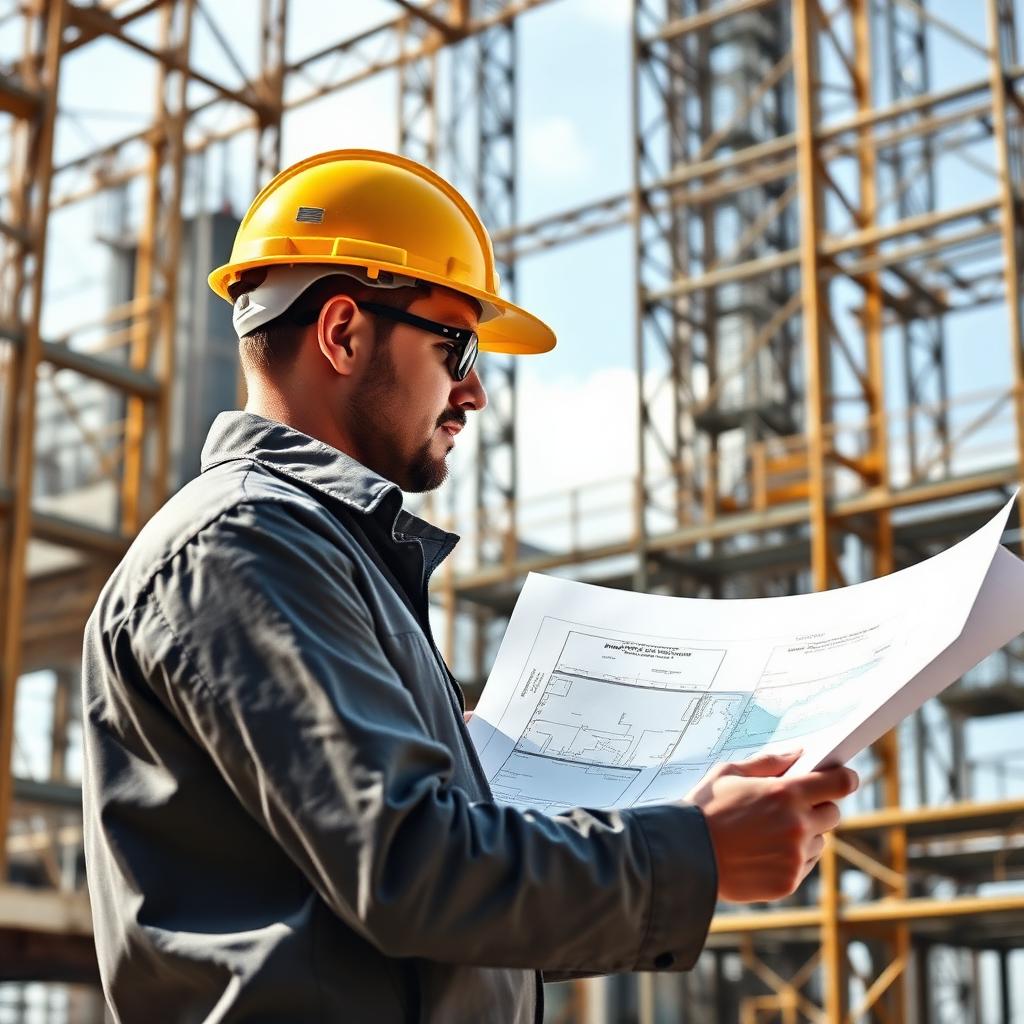 Structural engineer reviewing steel framing drawings on a Phoenix, AZ construction site