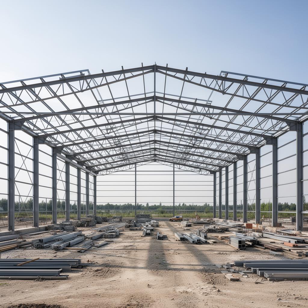 Steel frame building under construction for an industrial warehouse