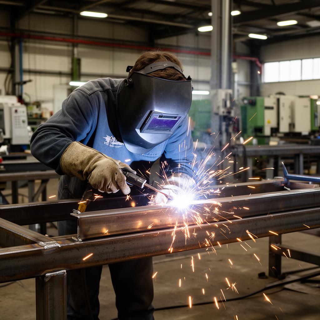 Holly Steel shop floor in Phoenix with a structural steel beam staged for fabrication